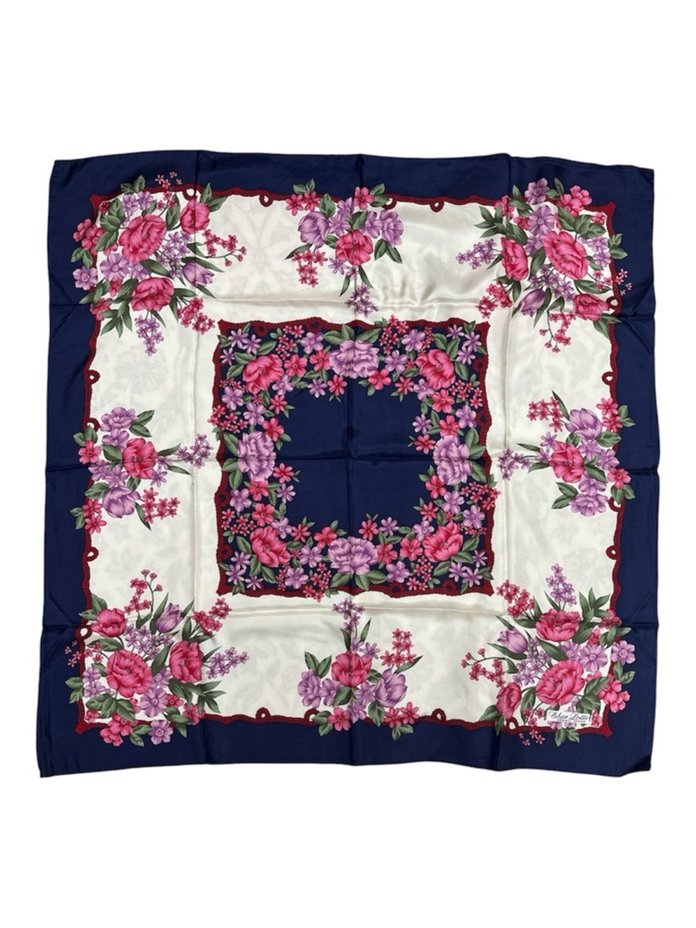 1988 Vintage Pionies Floral Silk-Feel Square Scarf in Navy, Pink & Cream